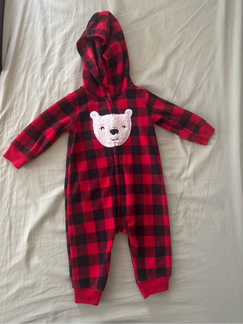 Carter's Red and Black Buffalo Plaid Hooded Baby One-Piece with Bear Face